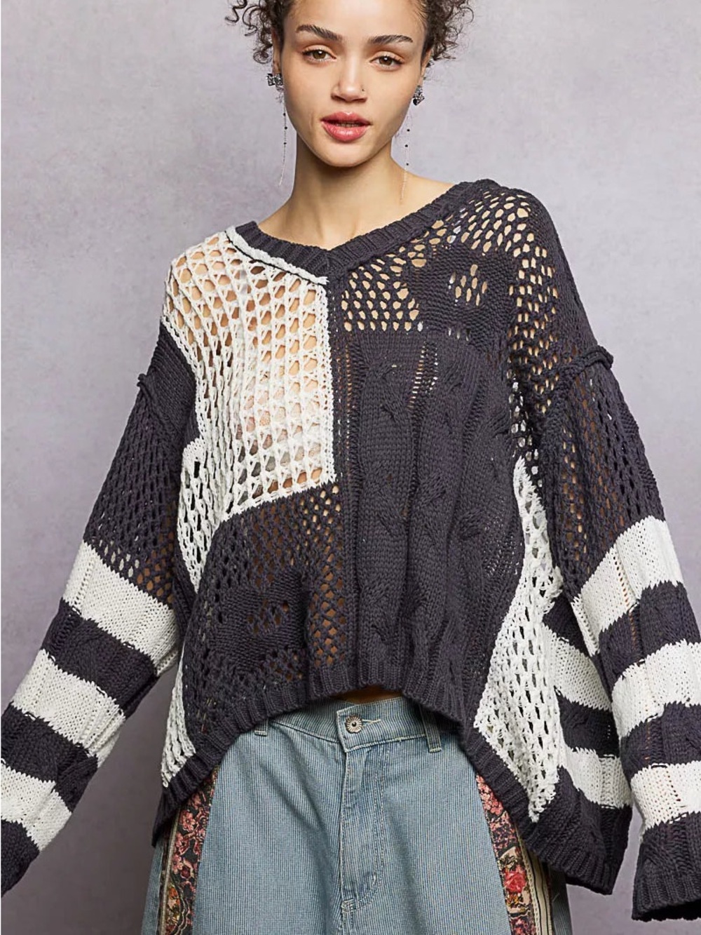 POL Open-Knit Black and Cream Patchwork Sweater